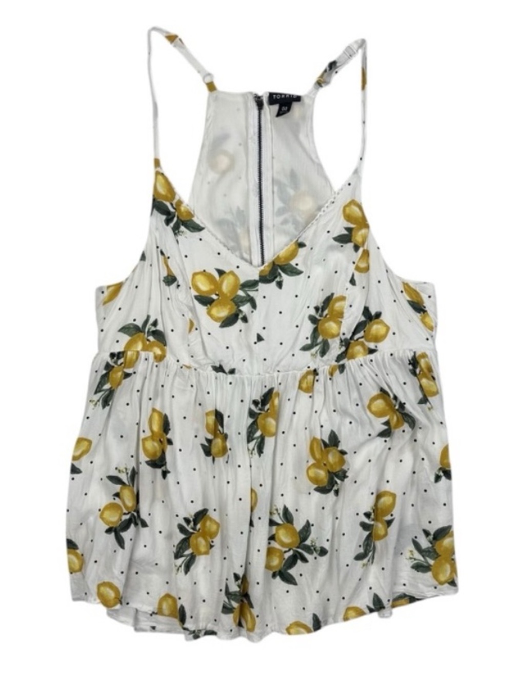 Torrid‎ 00 Lemon Print Babydoll Tank Top Polka Dot Zip Back Cami Size 10-12